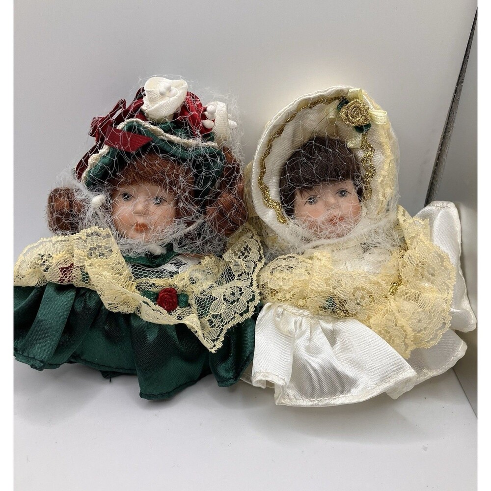 Lot Of 2 Leader Light LTD Victorian Porcelain Face Mini Doll Christmas Holiday